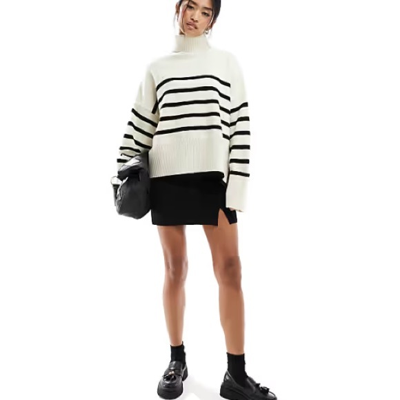 NWT Bershka Roll Neck Sweater in Ecru & Black Stripe Sweater - Picture 4 of 10